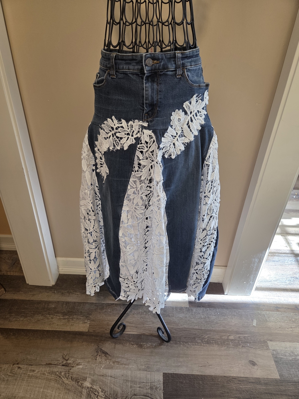 Upcycled One Of A Kind  Skirt with White Lace Panels